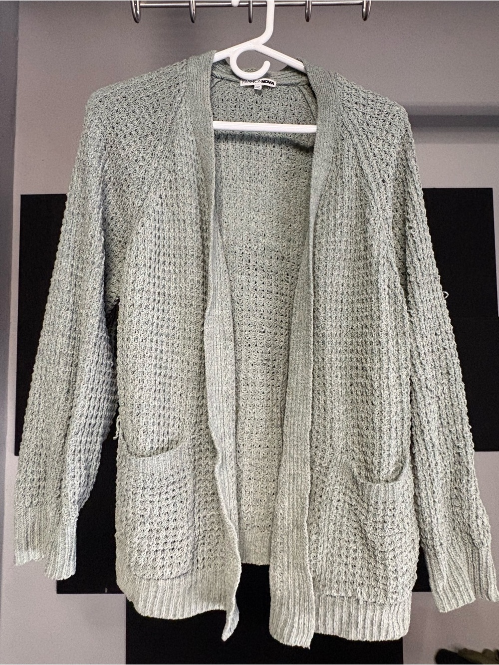 Fashion Nova Open-Front Waffle Knit Cardigan - Sage Green